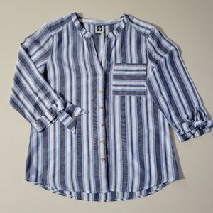 Ann Klein Women's Chambray Stripe V-neck Button-Down Elbow-length Shirt